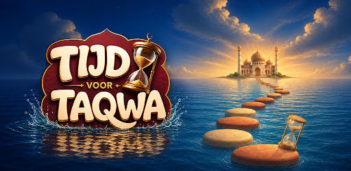 Tijd voor Taqwa-app met het logo, de weg over het water en de zandloper