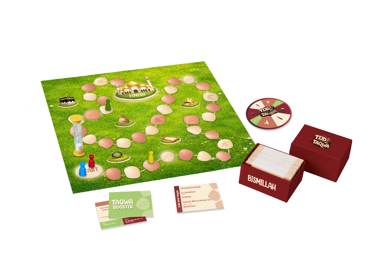 Tijd voor Taqwa bordspel met speelbord, draaischijf, kaarten, zandloper en pionnen