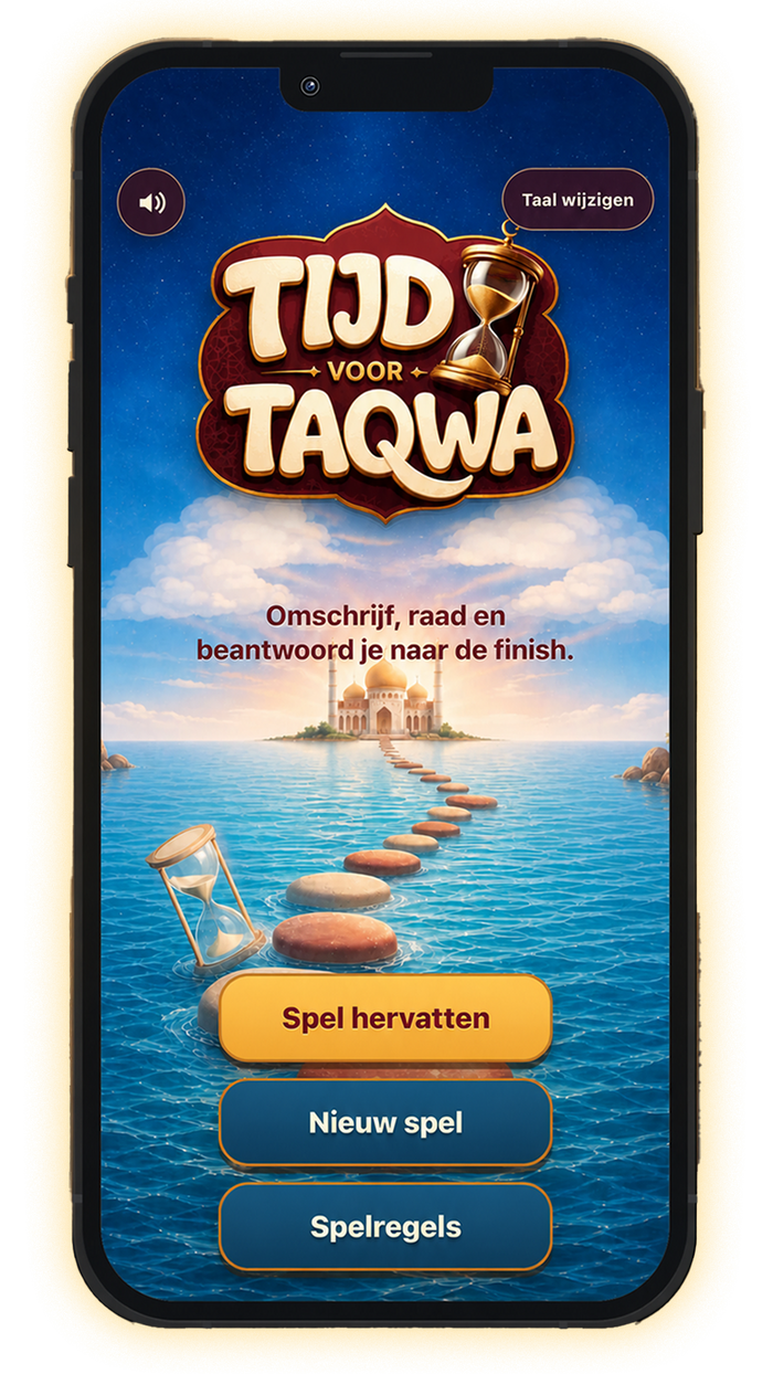 Startscherm van de Tijd voor Taqwa-app met spel hervatten, nieuw spel en spelregels