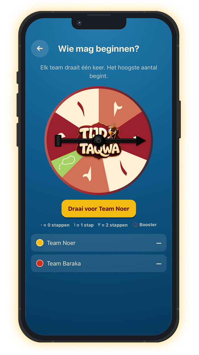 Draairad in de Tijd voor Taqwa-app waarmee wordt bepaald welk team begint
