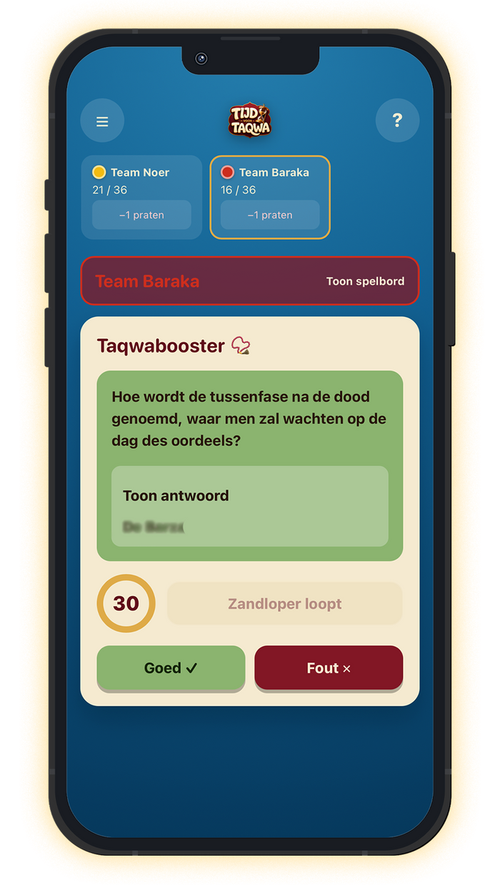 Taqwabooster met een islamitische kennisvraag en antwoordveld