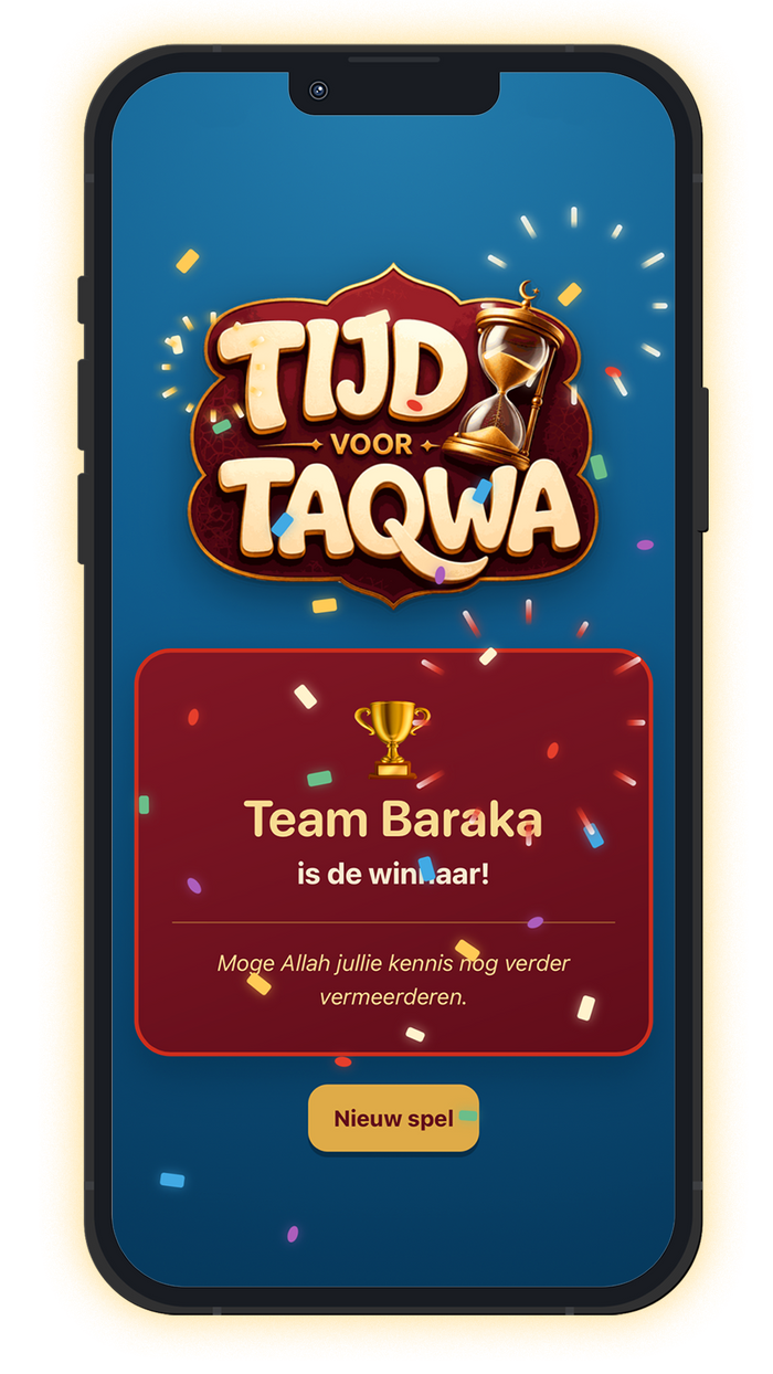 Overwinningsscherm van de Tijd voor Taqwa-app met het winnende team